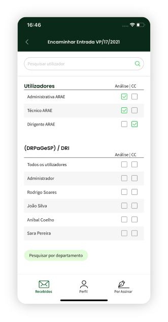 Encaminhamento de documento para utilizadores ou departamentos, na app de Gestão Documental.