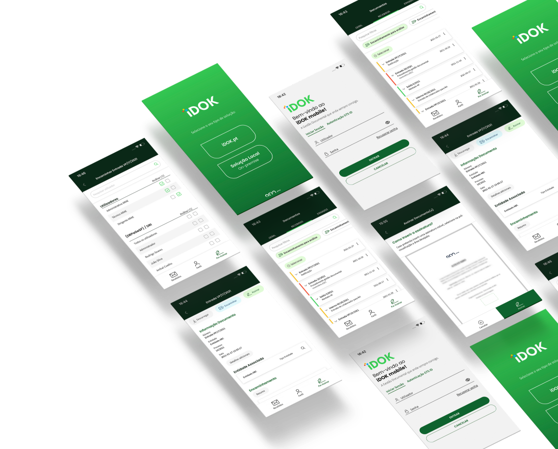 Ecrãs da app de Gestão Documental iDOK